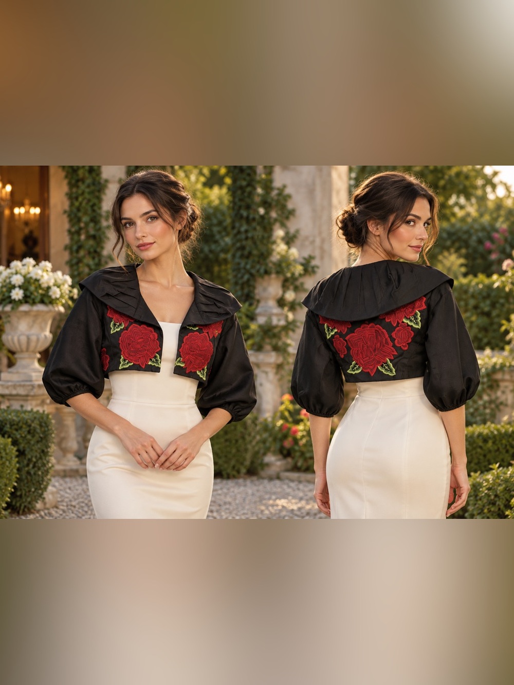 Vintage Collection Black Rose Embroidered Silk Bolero Size M